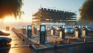 Generate a realistic, high definition image of an array of electric vehicle (EV) charging stations in the process of being constructed, suggesting that more are soon to be available. There should be signs around the construction site saying 'More EV Charging Stations Coming Soon'. The scene should be set in a public area like a car park and show an early morning scene with the sun just beginning to rise, spreading a soft, illuminating glow. Additionally, include a few electric vehicles parked nearby being charged on existing stations.