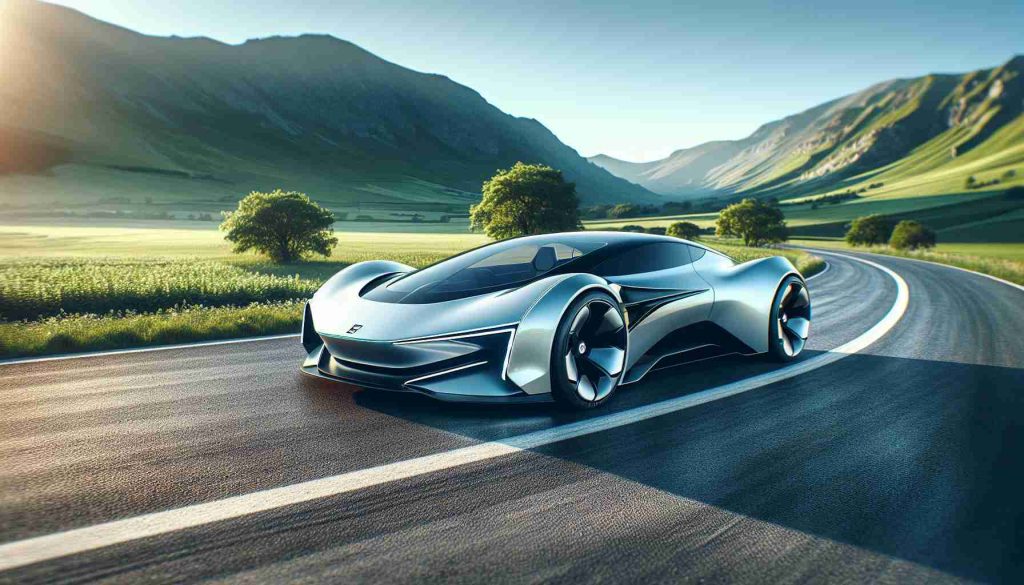 Create a high-definition, realistic image of a futuristic, bold and innovative electric vehicle bearing the classic trademark of luxury and speed commonly associated with elite sports cars. The setting should be an idyllic landscape with a smooth asphalt road winding through it, signifying the vehicle's leap into the sustainable future.