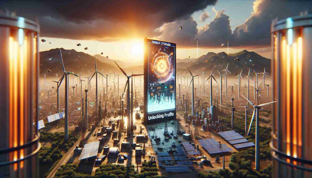 A high-definition realistic image showcasing Italy's energy storage revolution. Visualize a variety of futuristic technology spread across the Italian landscape in 2025. Wind turbines, solar panels, and other advanced energy storage systems dot the horizon, capturing and unlocking the potential of renewable energy sources. A digital board unfurls in the mid-ground, displaying the promising statement 'Unlocking Profits'. The backdrop is accented by a dramatic sunset casting long shadows and a warm hue over the entire scenario.