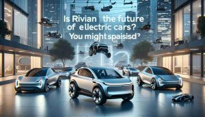 Create a realistic HD image illustrating the concept of Rivian being the future of electric cars, incorporating various elements of surprise. The scene should portray modern electric vehicles with distinctive Rivian design features parked in a futuristic cityscape. The words 'Is Rivian the future of electric cars? You might be surprised' should also feature prominently in the image.