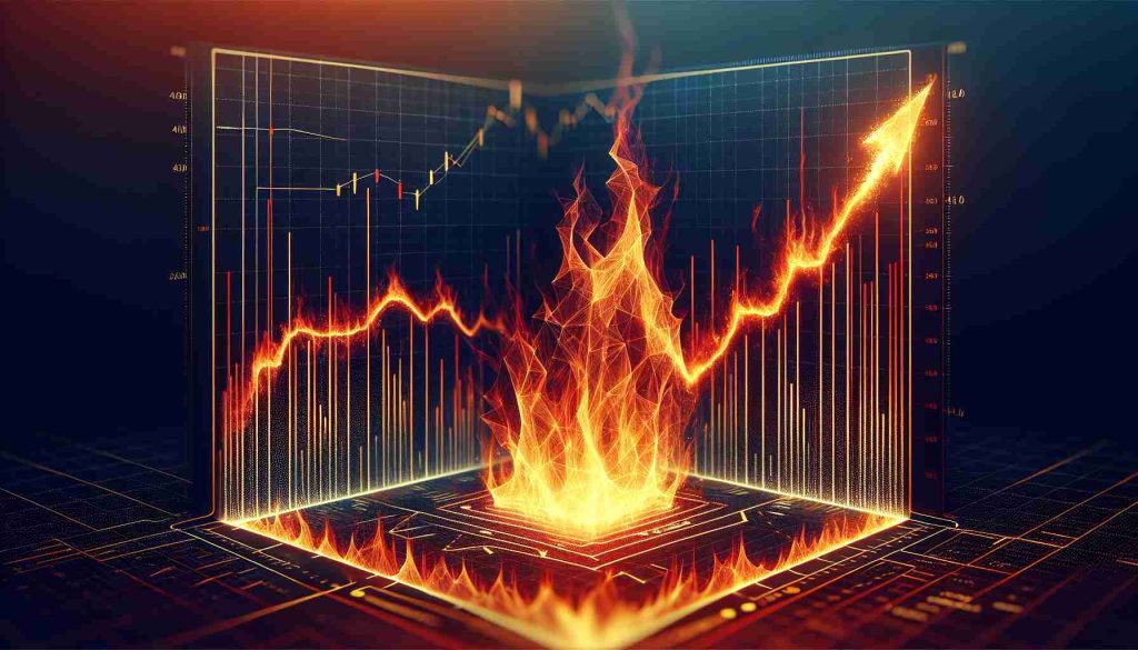 Create a dynamic imagery representing a visual metaphor for a stock performance. The scene features a stylized stock market chart with ascending lines, simulating the healthy growth of a stock. The chart morphs into an intense fiery shape at the top much like a blazing fire, symbolizing its sharp increase. The entire scene should have a realistic HD quality, capturing the viewer's attention with its sharp and vivid details.