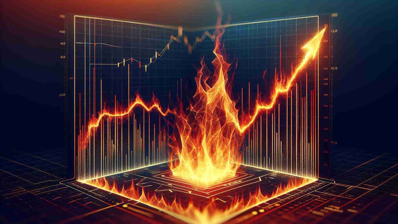 Create a dynamic imagery representing a visual metaphor for a stock performance. The scene features a stylized stock market chart with ascending lines, simulating the healthy growth of a stock. The chart morphs into an intense fiery shape at the top much like a blazing fire, symbolizing its sharp increase. The entire scene should have a realistic HD quality, capturing the viewer's attention with its sharp and vivid details.