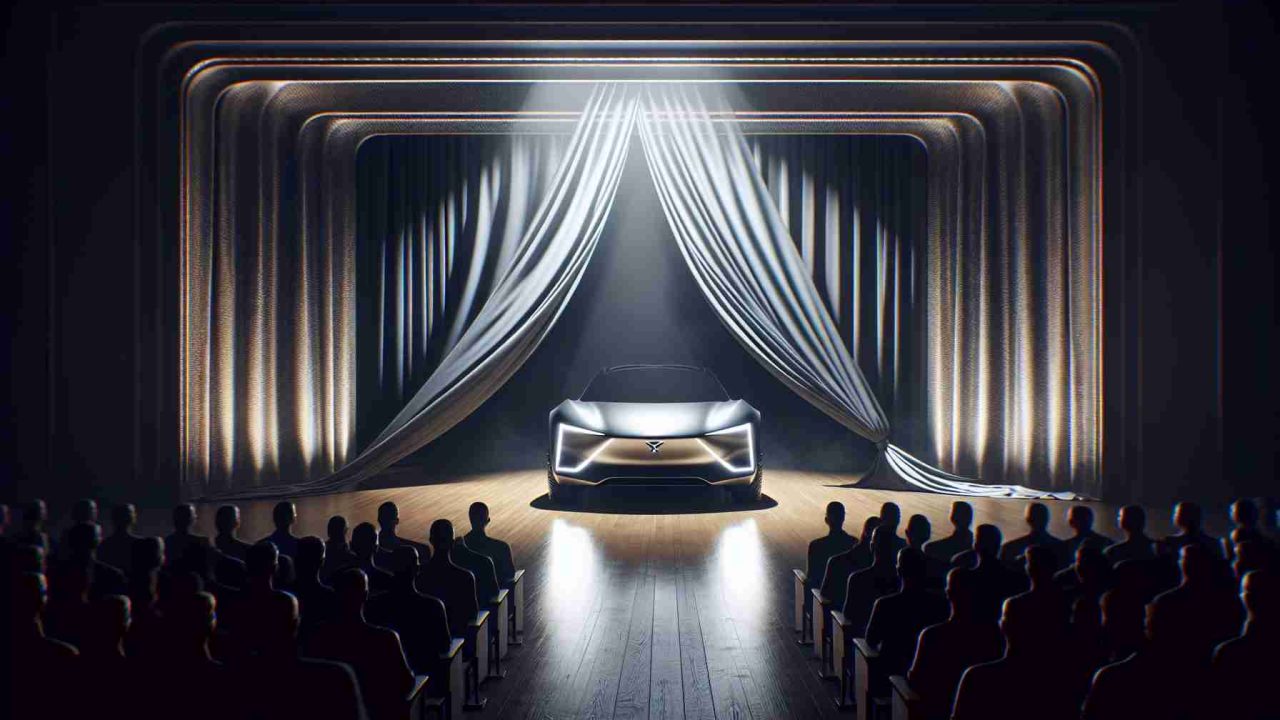 A high-definition, realistic image capturing the dramatic unveiling of a new concept car. The spotlight focuses on the elegant vehicle, echoing a grand theatrical reveal on center stage. Shrouded curtains are drawn back, revealing the sleek vehicle known as the Avinya X Concept. Its sharp lines reflect light, highlighting innovative design elements, like unique headlamps, a streamlined body and cutting-edge rims. The eager anticipation in the room is palpable, reinforcing the grandeur of the big reveal.