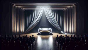 A high-definition, realistic image capturing the dramatic unveiling of a new concept car. The spotlight focuses on the elegant vehicle, echoing a grand theatrical reveal on center stage. Shrouded curtains are drawn back, revealing the sleek vehicle known as the Avinya X Concept. Its sharp lines reflect light, highlighting innovative design elements, like unique headlamps, a streamlined body and cutting-edge rims. The eager anticipation in the room is palpable, reinforcing the grandeur of the big reveal.