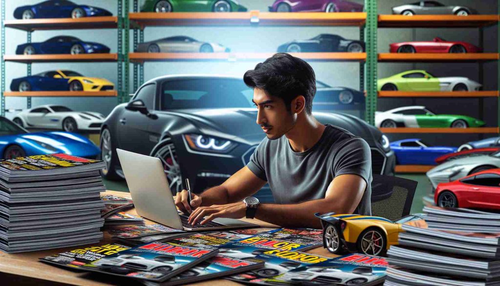 Realistic high definition image of a car enthusiast from Melbourne who is also succeeding in the field of journalism, surrounded by stacks of well-known car magazines, writing articles on a high-tech laptop, with a variety of iconic car models on the desk display. They are of South Asian descent and identify as non-binary. Their passion for automobiles is evident in their focused expression.