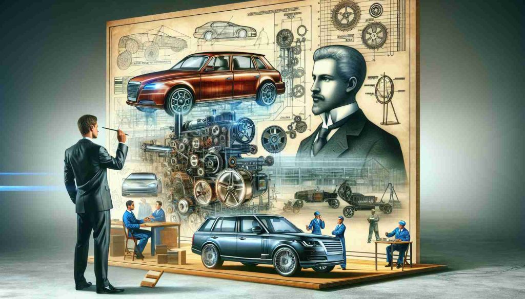 A visual interpretation of a high definition, realistic image showcasing the major changes in the auto industry, alluding to a figure, possibly a prominent businessman or politician, who could have been responsible for these changes. The composition might include innovatively designed vehicles, factory workers of diverse descents and genders hard at work, blueprints of new car models, and perhaps a symbolic representation of the initiator of change.