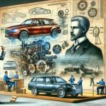 A visual interpretation of a high definition, realistic image showcasing the major changes in the auto industry, alluding to a figure, possibly a prominent businessman or politician, who could have been responsible for these changes. The composition might include innovatively designed vehicles, factory workers of diverse descents and genders hard at work, blueprints of new car models, and perhaps a symbolic representation of the initiator of change.