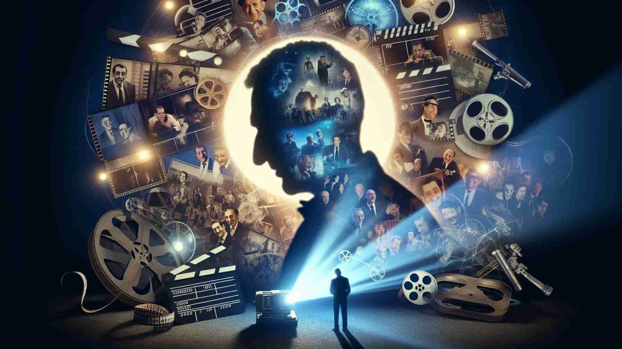 An HD photo capturing the essence of a cinema legend's contribution to Israeli film. A symbolic representation of his influence through a collage of well-known movie scenes that he was part of, and classic cinematic elements such as clapboards, film reels, and projectors. His silhouette, as a middle-aged man, along with a phantom projector casting light that morphs into film scenes in mid-air. The atmosphere is filled with emotions of farewell, gratitude, and respect for this significant figure in the film industry.