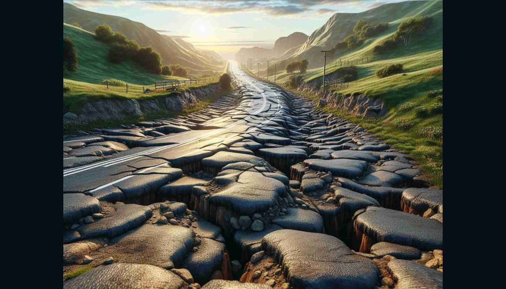 An ultra HD, realistic image showcasing an uneven road symbolizing the challenges in the transition to electric vehicles (EVs). The road, with visible potholes and bumps, winds through a rural area with scenic hills and lush greenery. The road is devoid of any vehicles, emphasizing the journey to EV adoption is ongoing and rocky. The setting sun casts long shadows, adding depth to the terrain and highlighting the bumpy obstacles. The scene conveys the complexities and struggles in realizing EV goals.