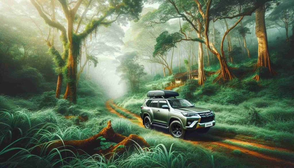 Generate a realistic high-definition photo featuring the concept of an adventure trip. Indicate a generic modern SUV parked amidst the wild beauty of Bandipur National Park in India. The vehicle blends perfectly with the natural surroundings, adding a charm to the lush greenery and diverse wildlife around. Please exclude any visible logos or specifics that could be associated with real-world brands.