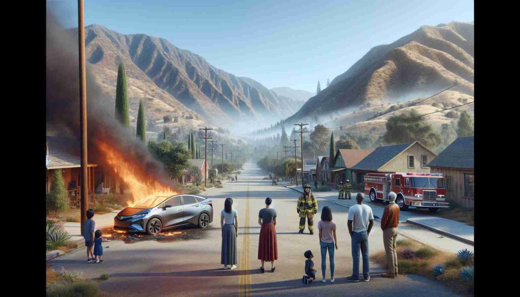 Create a realistic, high definition image of a scenario set in Ojai, California. Depict a serene town nestled amidst beautiful mountains. A hybrid car is on fire in one part of the town, causing a bit of chaos. People of different descents - South Asian, Black, Caucasian, Hispanic - stand nearby, watching the car with concern on their faces. The sky overhead is clear blue, suggesting a calm, sunny day otherwise. A couple of firefighters of diverse demographics, Middle-Eastern and Hispanic, are putting out the fire, illustrating a stark contrast between the natural surroundings and the brewing situation in town.