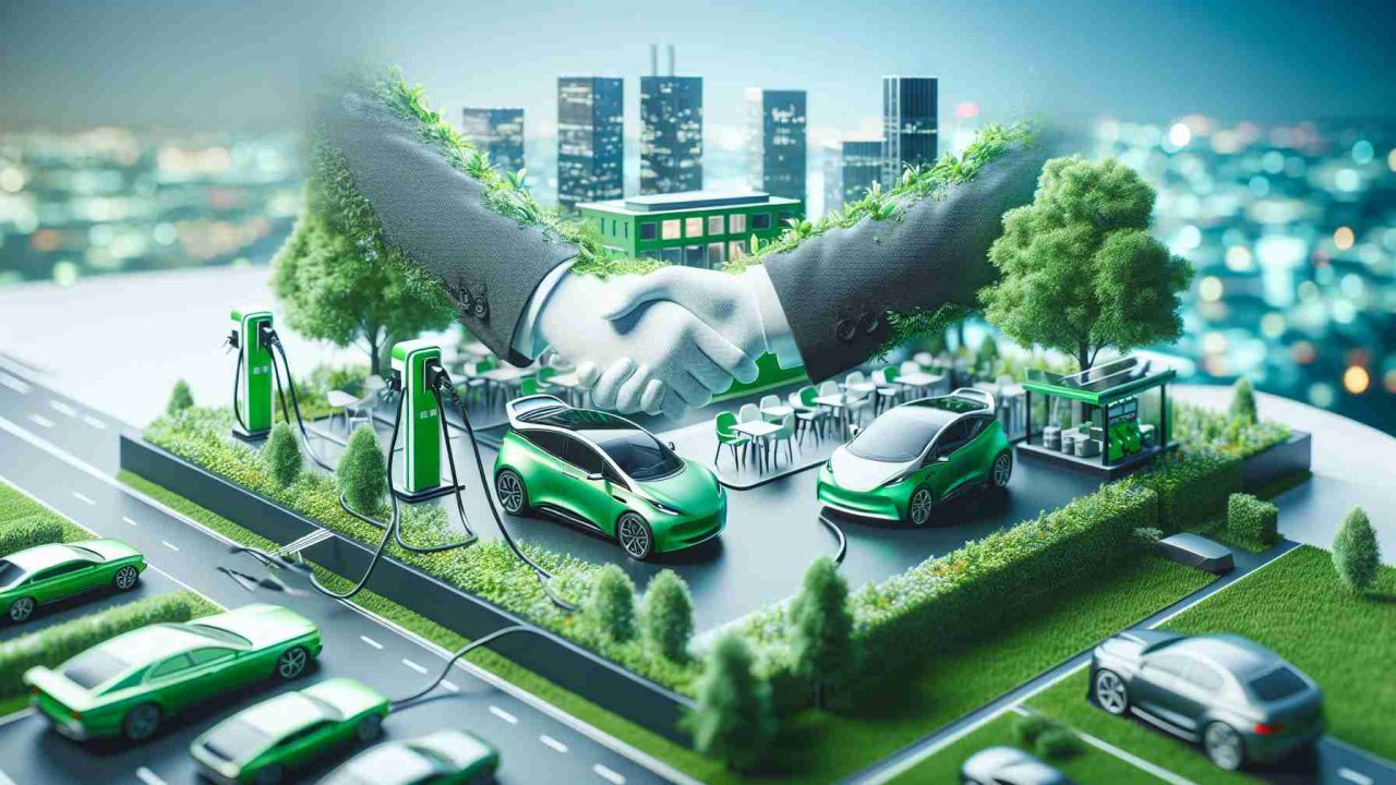 A high-definition, realistic picture showcasing an electrifying partnership emblematic of a shift in the electric vehicle industry. The focus is a startup company that's adopting eco-friendly practices. Give emphasis to the green theme, depicting elements such as electric vehicle charging stations, streamlined electric cars, and a bustling startup hub characterized by the freshness and vibrancy of green energy.