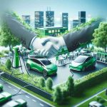 A high-definition, realistic picture showcasing an electrifying partnership emblematic of a shift in the electric vehicle industry. The focus is a startup company that's adopting eco-friendly practices. Give emphasis to the green theme, depicting elements such as electric vehicle charging stations, streamlined electric cars, and a bustling startup hub characterized by the freshness and vibrancy of green energy.