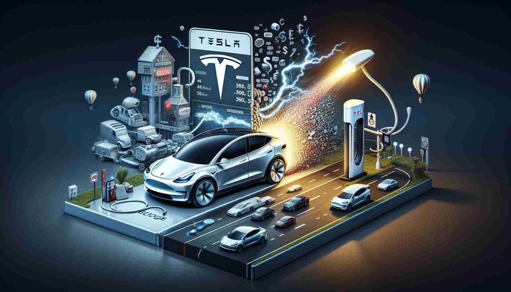 High definition depiction of an illustrative scene to represent the theme 'Model Y Price Drop: A Game Changer?' Visualize an electric car that symbolizes the Model Y, with a large, dominating price tag showing a reduced figure. Surrounding this, depict the spark of an electric evolution, representing Tesla's bold move. Include related elements like charging stations, roads with electric cars to show the influence of the price drop.