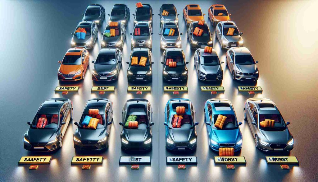 High-definition realistic image depicting a collection of vehicles ranked according to safety ratings. The scene presents two sets of cars. On one side, show cars with outstanding safety features such as advanced seat belt technology and airbag systems, which mark them as the best in safety. On the other side, depict vehicles marked as the worst due to lack of crucial safety features or poor performance in simulated crash tests. Each car should have a clear rating tag or indicator to classify them as either 'Best' or 'Worst'.