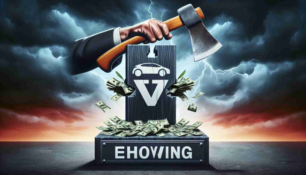 An illustration reflecting the debate over electric vehicle (EV) incentives. Picture a metaphorical cutting block, with a stylized EV symbol on one side, and a chopping axe raised on the other, symbolizing potential removal of incentives. The background could contain ominous stormy skies, hinting at the 'shocking moves ahead'. The entire image should be executed with a realistic, high-definition look.