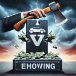 An illustration reflecting the debate over electric vehicle (EV) incentives. Picture a metaphorical cutting block, with a stylized EV symbol on one side, and a chopping axe raised on the other, symbolizing potential removal of incentives. The background could contain ominous stormy skies, hinting at the 'shocking moves ahead'. The entire image should be executed with a realistic, high-definition look.