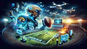 A dynamic, high-resolution image that depicts the essence of a Jacksonville-based, American football team, metaphorically 'embracing the future.' This concept is represented by a fusion of traditional elements like a touchdown, a roaring jaguar, and a packed stadium, with visionary elements like holographic display screens, synths, and an array of drones capturing the action in unique ways. A strong emphasis is placed on the transformative power of AI technology, with newly created digital coaches strategizing, AI robotic players on the field, and advanced tech changing the viewer's experience.