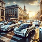 Highly detailed image showcasing the future of electric cars in Europe, at a critical juncture. The scene depicts a variety of vehicles ranging from compact models to luxury sedans, all electrically powered. The vehicles possess sleek designs, incorporating elements that hint at advances in technology and efficiency. The environment should reflect a realistic portrayal of a modern European city, with its characteristic architectural styles and streets lined with electric car charging stations, thereby emphasizing the shift towards the future of transportation. The mood of the image should convey a sense of optimism and progress.