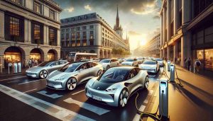 Highly detailed image showcasing the future of electric cars in Europe, at a critical juncture. The scene depicts a variety of vehicles ranging from compact models to luxury sedans, all electrically powered. The vehicles possess sleek designs, incorporating elements that hint at advances in technology and efficiency. The environment should reflect a realistic portrayal of a modern European city, with its characteristic architectural styles and streets lined with electric car charging stations, thereby emphasizing the shift towards the future of transportation. The mood of the image should convey a sense of optimism and progress.