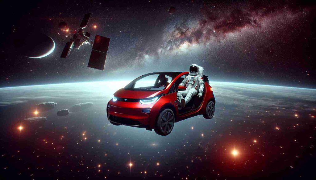 Generate a hyper-realistic, high-definition image of a red electric car floating through the vast expanse of outer space, surrounded by twinkling stars and distant galaxies. The car's silhouette could be mistaken for a small asteroid. There's a mannequin dressed up in a spacesuit sitting nonchalantly on the driver's seat, with the arm casually hanging out of the window. The empty vacuum of space can be seen around it – no planets, asteroids or spacecraft are nearby.