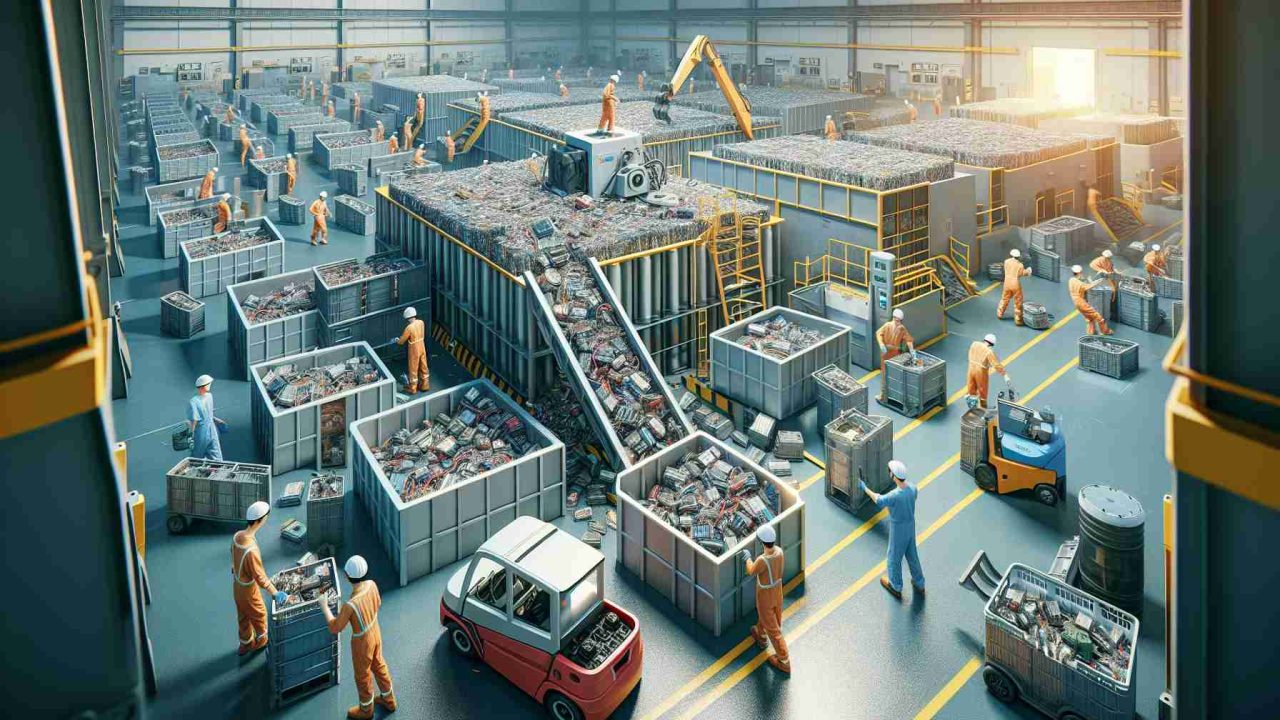 An illustrative and realistic high-definition image of a significant development in China's electric vehicle (EV) revolution. It focuses on battery recycling, seen as the potential future of the EV industry. The scene captures a massive recycling facility with workers, both male and female of diverse descents including Caucasian, Black and Hispanic backgrounds, sorting through discarded EV batteries. Some workers are operating advanced machinery for battery disposal, while others are seen in the process of safely extracting and preserving useful components from the old batteries for reuse.