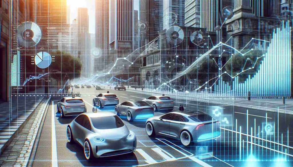 A high-definition realistic image that represents the concept of the autonomous vehicles market undergoing significant growth by the year 2032. This could include a variety of self-driving cars of different models and types on a bustling city street, with graphs and charts in the background showing a steadily increasing trend towards a booming market.