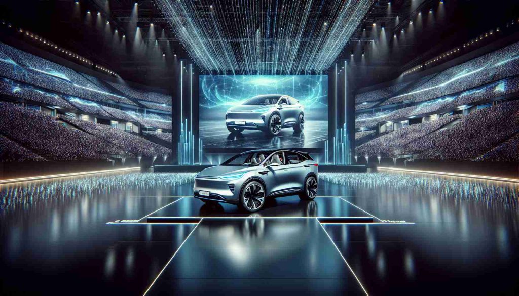 Generate an image showcasing the unveiling of a new electric SUV by a major automobile manufacturer. The scene should depict the striking features of the innovative vehicle, such as the sleek design, stunning color, and modern interiors, which have made a significant impact on the automobile market. The setting should be a grand stage event, highlighting the hype and anticipation surrounding the launch of this new model.