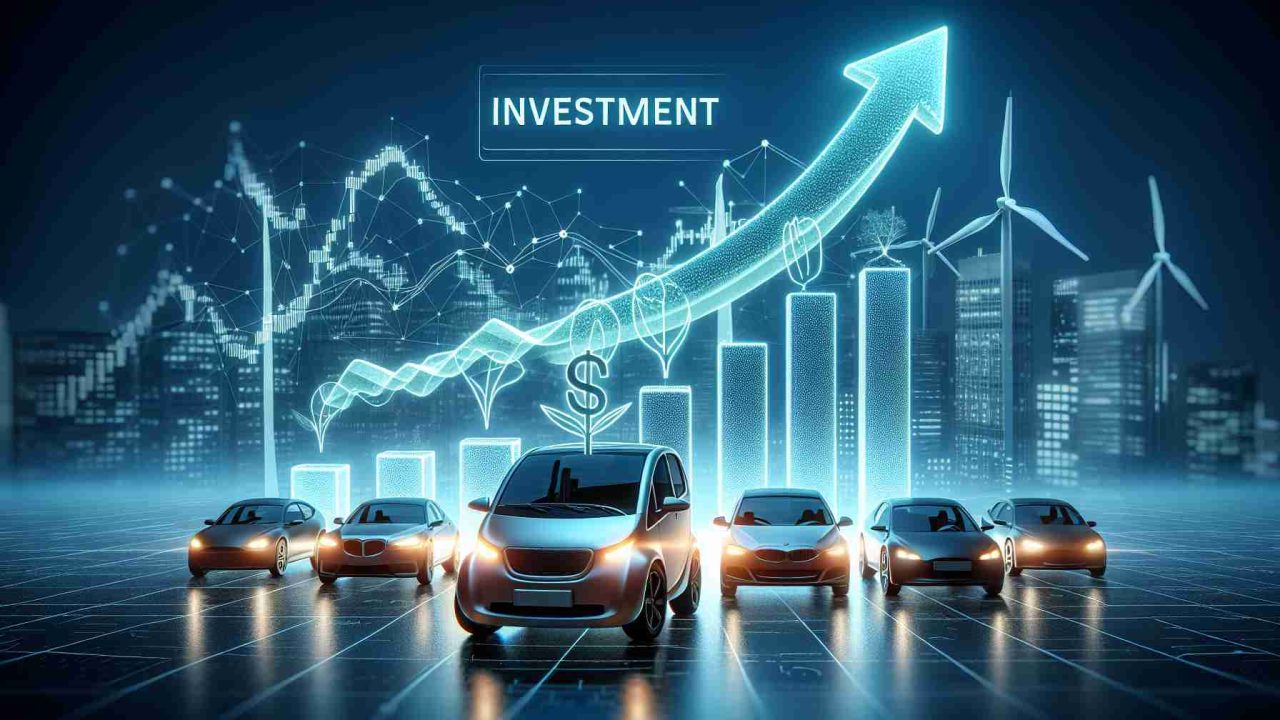 Generate a realistic HD image emphasizing the concept of investment in electric vehicle industry, specifically focusing on a hypothetical new startup. The company, yet to be named, is rising to prominence as a potential notable player. Include a symbolic rising graph to represent the investment opportunity and potential growth.