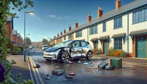 A realistic, high-definition image showing a scene of vandalism to a modern electric vehicle. The shocking damages to the car spark curiosity about the owners, suggesting that they may be a prominent individual in the field of tech innovation. The background splashes a headline that reads 'Is the innovator the real target?'. The scenario unfolds in a quiet, suburban street with neat, detached houses lining each side under a cloudless blue sky.