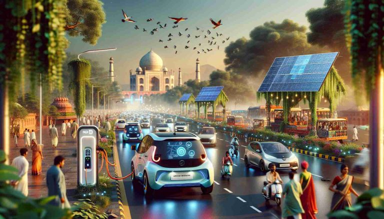 A realistic high-definition portrayal of the shift towards electric vehicles in India. Showcase a bustling city scene, with small and large electric cars dominating the roads. Solar charging ports on the roadside, birds flying over lush green landscapes, the glow of LED screens showing maps and battery status on car dashboards. Include culturally specific architectural elements, like arches and domes, and hints of traditional attire on pedestrians to represent the Indian context. Through the image, emphasize a futuristic feel and the impending revolution in transportation.