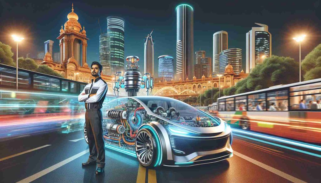 A dynamic and detailed 3D rendering of a futuristic scene depicting progress in automotive technology. In the forefront, a sleek, modern automobile demonstrating advanced features stands. Behind it, the vibrant cityscape of Bengaluru, India, lights up with towering buildings and state-of-the-art infrastructure. The streets are busy with eco-friendly vehicles of varied sizes and designs. An Asian Indian man, proudly dressed in a futuristic, smart-looking automotive engineer outfit, stands next to the automobile in the foreground, signifying the role of South Asian individuals in this technological advancement.