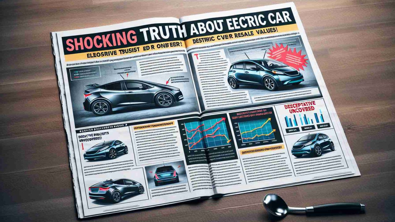 Create a realistic, high-definition image of a print-based news article with the heading 'Shocking Truth About Electric Car Resale Values!' Adjacent to the title, visualize a side-by-side comparison of two electric cars; one being brand new and glossy while the other one appears used yet well-maintained. The article also includes a graph showcasing the depreciation of electric cars over time. There's also a section titled 'Deceptive Discounts Uncovered' which has snippets of highlighted text indicating crucial points. All these elements are arranged neatly to maintain an authentic newspaper layout.