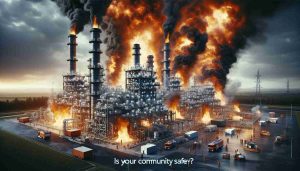 A detailed, high-definition, realistic representation of an intense fire incident at a power plant. It's a large scene wherein the power plant machinery is engulfed in strong, raging flames. The sky is filled with heavy dark smoke billowing upwards. In the foreground, emergency evacuation procedures are underway with people hastily working to ensure safety. The scene is charged with haste, urgency and concern. An overlaying text asks, 'Is Your Community Safe?'