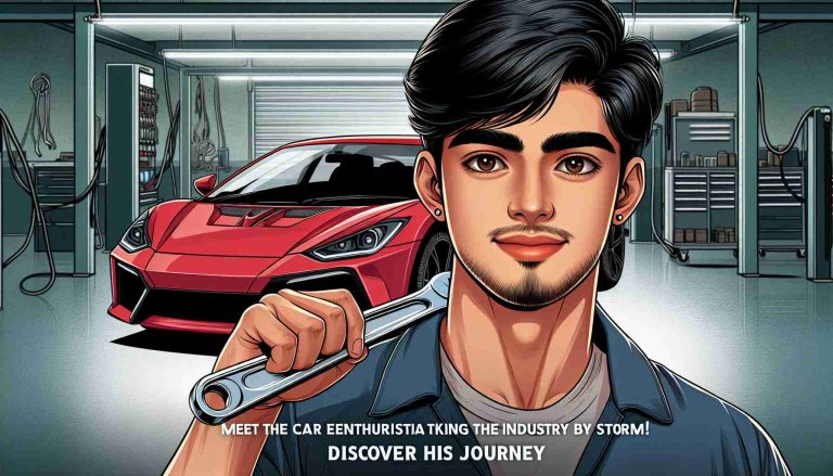 Detailed image of a South Asian male car enthusiast, holding a wrench, standing in front of a red sports car with a proud expression. He has black hair and brown eyes. The background is a professional car workshop. The title 'Meet the Car Enthusiast Taking the Industry by Storm! Discover His Journey' appears in bold font at the bottom of the image.