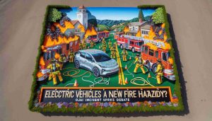 Imagine a vivid high-definition image that depicts the context of a debate about electric vehicles and their potential as new fire hazards. Center the scene around an incident that took place in a small town, Ojai. Don't show any real people or mimic any specific incident, but rather, symbolize it with an electric car surrounded by firefighter equipment in a small-town environment. The headline 'Electric Vehicles: A New Fire Hazard? Ojai Incident Sparks Debate' appears in bold, reflective letters above the scenario.