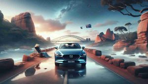 Generate a high-definition, realistic image showing the concept of a beloved Mazda car's journey in Australia, possibly indicating the end of its journey. The image could capture the Mazda against a backdrop of iconic Australian landscapes or landmarks, hinting poignantly at the end of a phase.