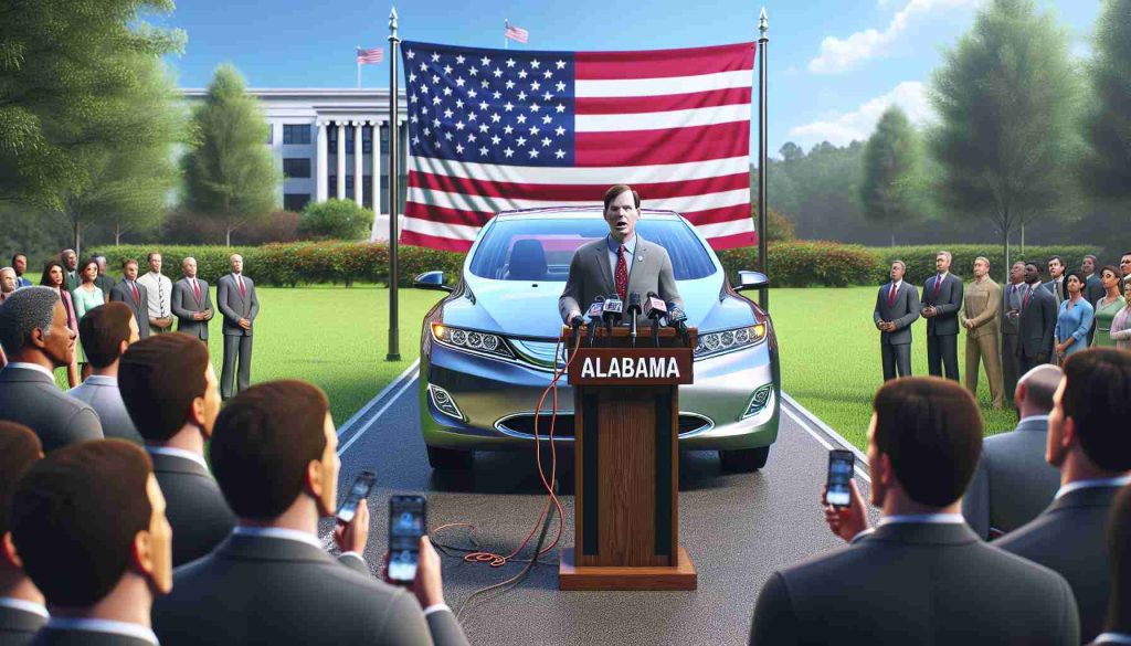 A high-definition, realistic image capturing a significant moment in Alabama where an unidentified leader, standing beside an electric car, communicates the reasons for their transition to electric vehicles. They appear shocked after experiencing the impressive capabilities of the electric vehicle. The setting is a press conference, with reporters attentively listening and the backdrop is filled with lush greenery and a blue sky.