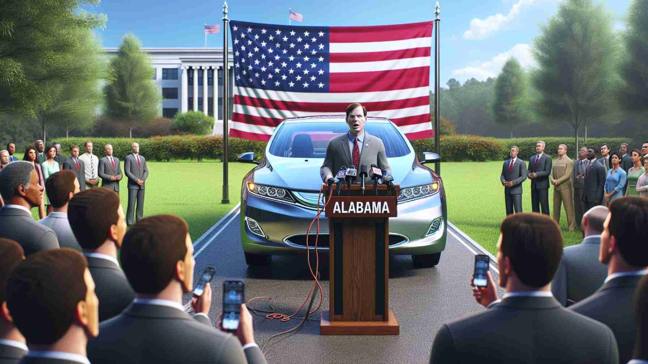 A high-definition, realistic image capturing a significant moment in Alabama where an unidentified leader, standing beside an electric car, communicates the reasons for their transition to electric vehicles. They appear shocked after experiencing the impressive capabilities of the electric vehicle. The setting is a press conference, with reporters attentively listening and the backdrop is filled with lush greenery and a blue sky.