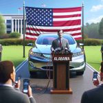 A high-definition, realistic image capturing a significant moment in Alabama where an unidentified leader, standing beside an electric car, communicates the reasons for their transition to electric vehicles. They appear shocked after experiencing the impressive capabilities of the electric vehicle. The setting is a press conference, with reporters attentively listening and the backdrop is filled with lush greenery and a blue sky.