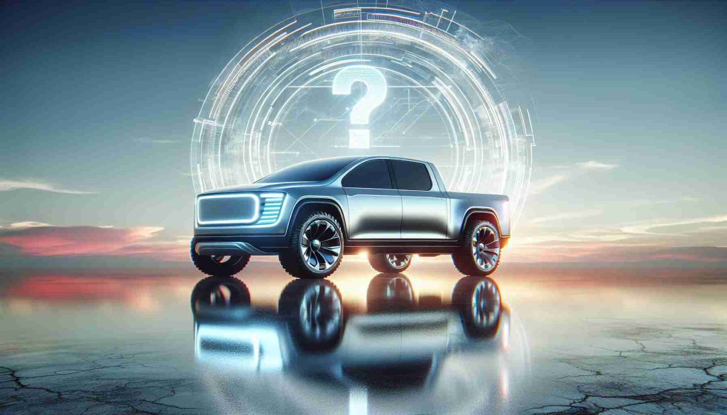 High-definition, realistic imagery of a futuristic-looking pickup truck, denoted as an electric vehicle, reflecting changes in design. The backdrop consists of a horizon signifying the imminent future. A question mark signifies a sense of ambiguity, suggesting a debate regarding the vehicle's popularity and future modifications.