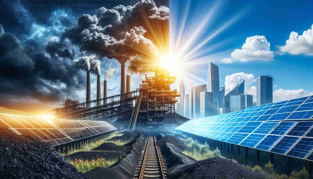 Create a realistic, high-definition image capturing the surprising turnaround of a city previously reliant on coal, now becoming a pioneer in solar energy. The image should convey a clear transition from a gritty coal mining environment to modern solar panel fields, signifying a proactive shift toward sustainable energy. The city skyline should be included in the background, with sunlight streaming over it, to symbolize an optimistic future awaiting. Sky should be brilliant blue, and a significant contrast should be depicted between the traditional coal plant and the futuristic solar panels signaling the future of energy.