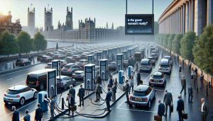 A realistic, high-definition image of a scenario depicting the Electric Vehicle charging crisis in the UK. The scene includes overcrowded charging stations with a diverse group of people expressing frustration. Please include multiple electric vehicles lined up, waiting their turn. Depict a background of cityscape with government buildings to show the contrast. Please, display a digital signage showcasing the question, 'Is the Government Ready?'