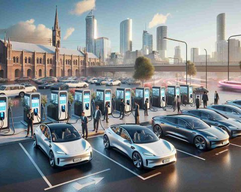 Create a high definition, realistic image of a revamped electric vehicle charging network, showcasing its game-changing capabilities. The scene should include a number of state-of-the-art charging stations neatly lined up, electric cars of different makes and models docked and charging, digital display panels showing charging status, and a backdrop of a bustling cityscape in Victoria. Also include some car owners both male and female, with a mix of Hispanic, Caucasian, and Middle-Eastern descent, interacting with the charging stations or waiting in anticipation.