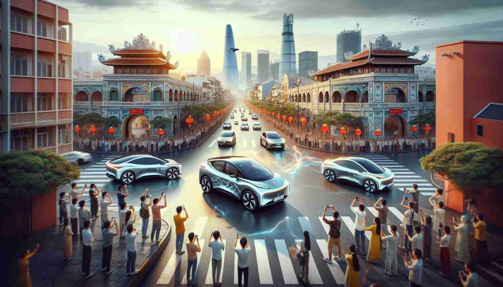 Generate a realistic high-definition image of newly arrived electric cars dazzling onlookers in a cityscape, emblematic of Vietnam's VinFast, against the backdrop of Indian architecture and scenic cityscape. The picture should highlight the sleek design of the electric cars, their futuristic elements while highlighting the crowd's excitement and curiosity.