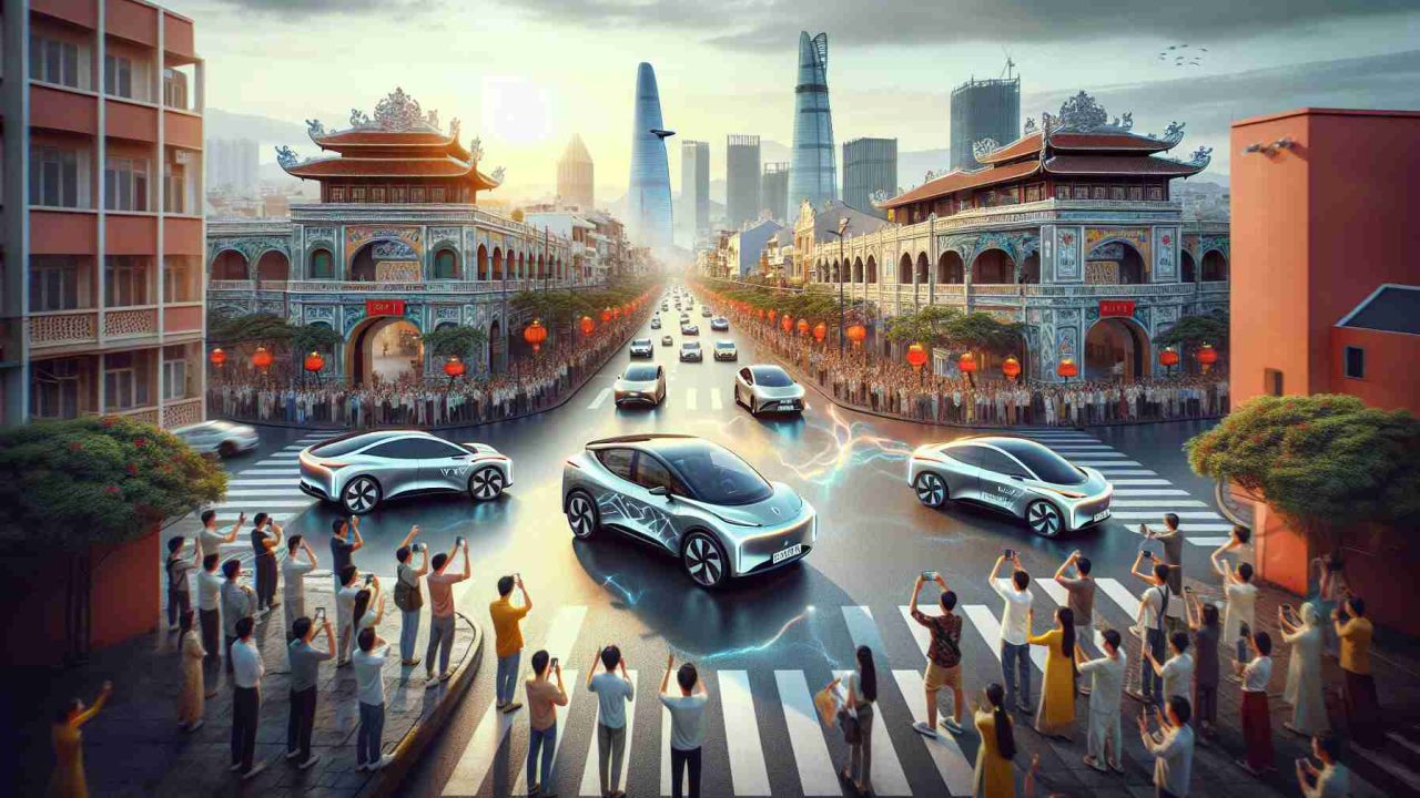 Generate a realistic high-definition image of newly arrived electric cars dazzling onlookers in a cityscape, emblematic of Vietnam's VinFast, against the backdrop of Indian architecture and scenic cityscape. The picture should highlight the sleek design of the electric cars, their futuristic elements while highlighting the crowd's excitement and curiosity.