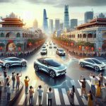 Generate a realistic high-definition image of newly arrived electric cars dazzling onlookers in a cityscape, emblematic of Vietnam's VinFast, against the backdrop of Indian architecture and scenic cityscape. The picture should highlight the sleek design of the electric cars, their futuristic elements while highlighting the crowd's excitement and curiosity.