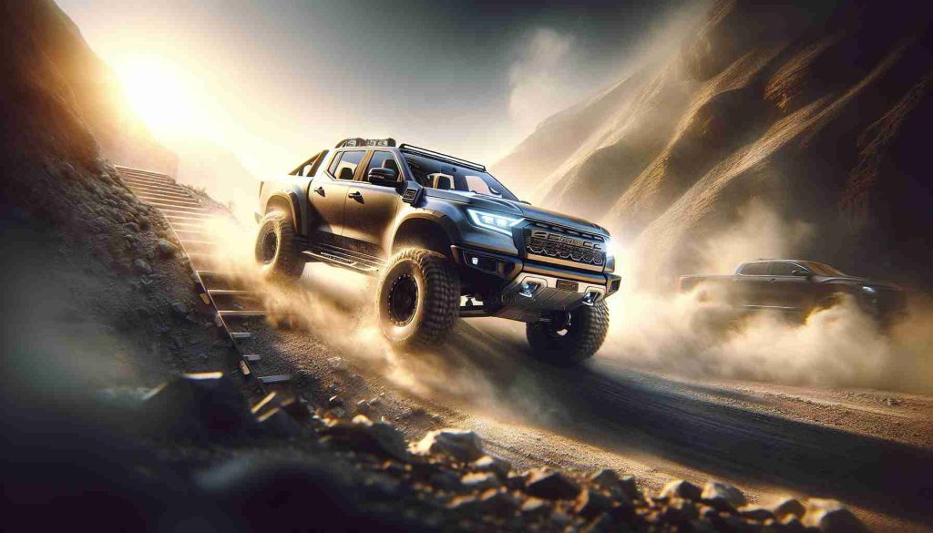 An HD image showcasing the off-road revolution by a generic leading automaker. The scene captures a powerful four-wheel-drive vehicle with a shiny metallic body, grippy tyres, and roaring engine, being revved up. The setting is a challenging off-road terrain, with the sun setting in the background, casting long, dramatic shadows and highlighting the dust kicked up by the vehicle. The make and model of the vehicle are unspecified, but it's designed for rugged performance and adventure. The vehicle itself is slightly raised, hinting at its serious off-road capabilities.