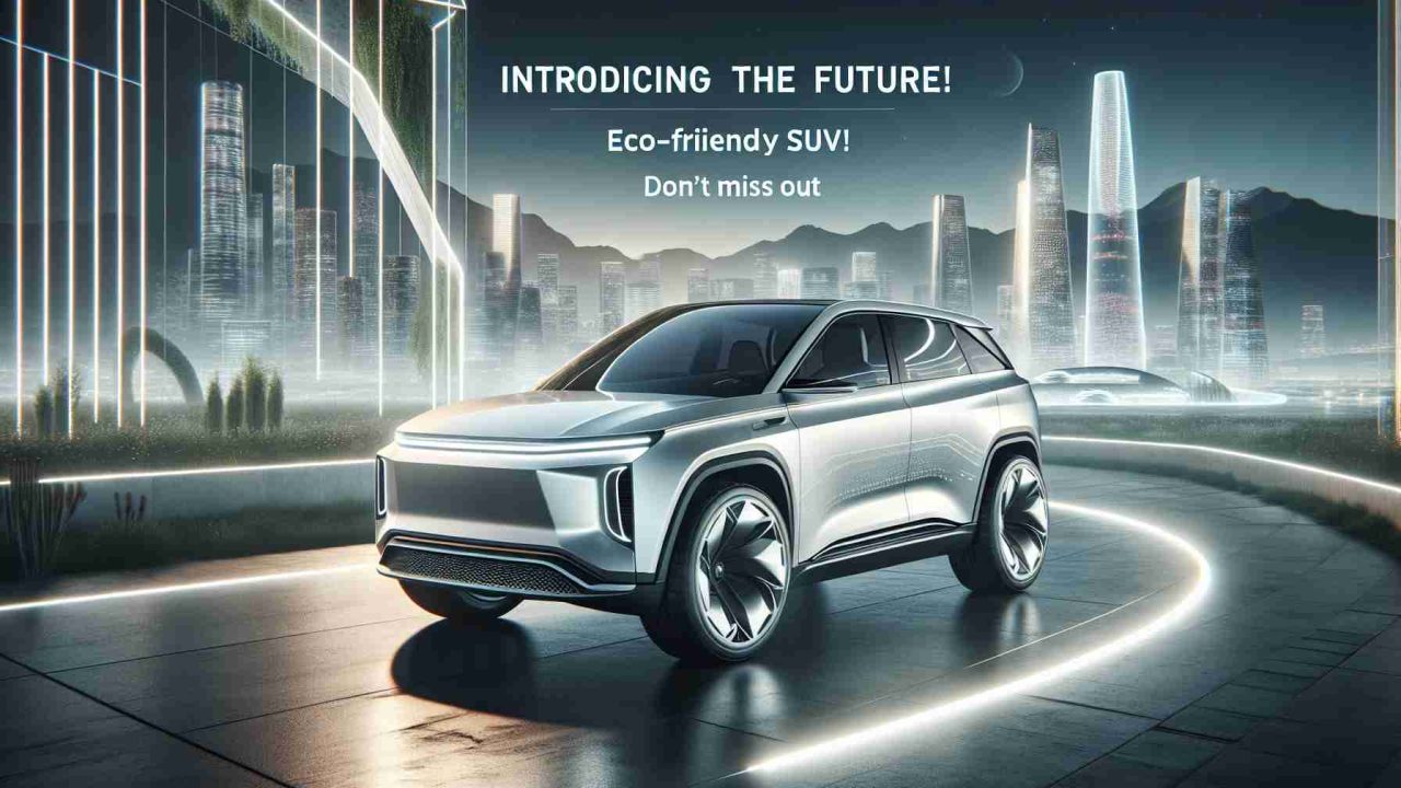 Realistic high-quality image of a hypothetical new Eco-Friendly SUV by a generic car manufacturing company. The SUV should be sleek, modern, fuel-efficient and certainly exhibit design features pertaining to the 'future of automobiles'. Captivate the viewer's eye with forward-looking aesthetics, seamless lines and a harmonious balance between power and environmental sensitivity. Include a headline text with the words 'Introducing the Future: Eco-Friendly SUV! Don’t Miss Out'