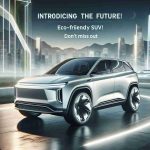 Realistic high-quality image of a hypothetical new Eco-Friendly SUV by a generic car manufacturing company. The SUV should be sleek, modern, fuel-efficient and certainly exhibit design features pertaining to the 'future of automobiles'. Captivate the viewer's eye with forward-looking aesthetics, seamless lines and a harmonious balance between power and environmental sensitivity. Include a headline text with the words 'Introducing the Future: Eco-Friendly SUV! Don’t Miss Out'